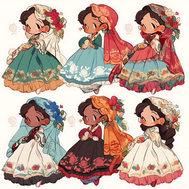 Foto sticker de mujer mexicana chibi kawaii tehuana moda colores en negrita embr concepto arte juego activo