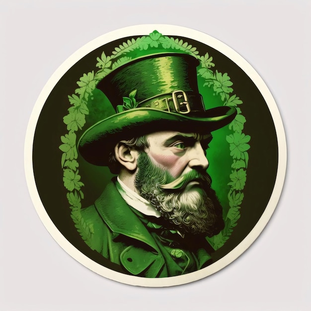 Sticker silhueta redonda de um homem barbudo em um terno verde e cilindro Símbolo de cor verde do Dia de São Patrício