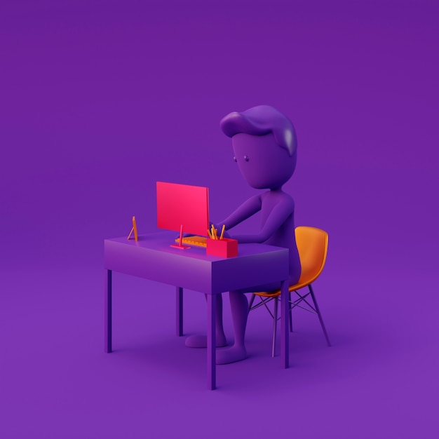 Stickman roxo sentado na mesa