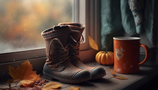 Stiefel auf der Fensterbank gemütlicher Herbsthintergrund