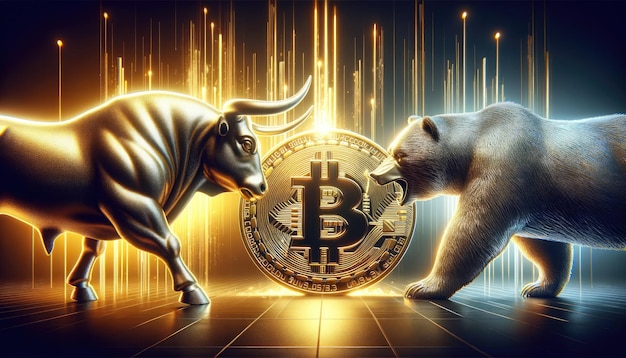 Stier und Bär kämpfen um das Bitcoin-Symbol
