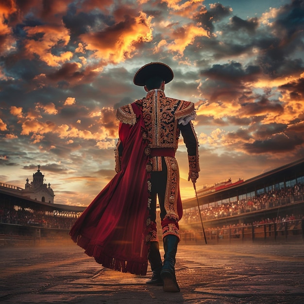 Stierkampf in Madrid mit einem Mann in rotem und goldenem Outfit, der vor der Menge läuft