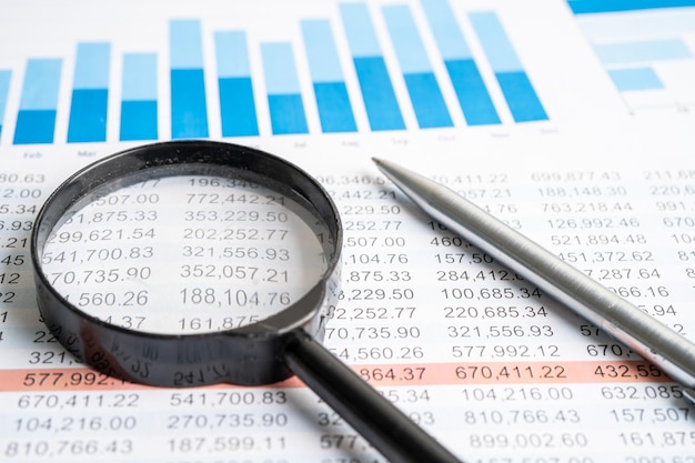 Stift auf Diagramm- oder Diagrammtabellenpapier Finanzkontenstatistiken und Geschäftsdatenkonzept