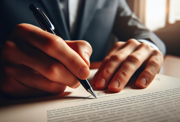 Stift in der Hand unterschreibt ein Dokument
