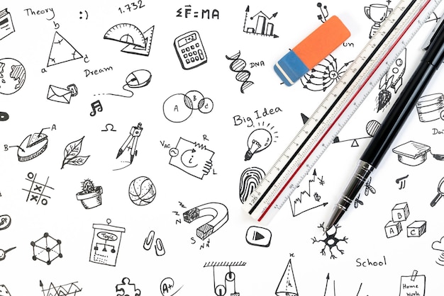 Foto stift und lineal auf der doodle-illustration