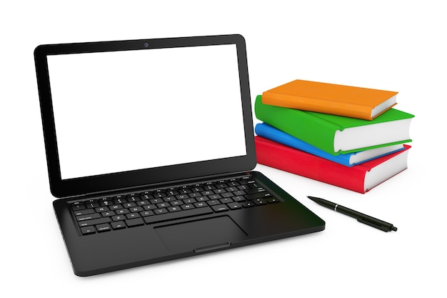 Stift und Stapel Bücher in der Nähe von modernen Laptop-Computern mit leerem Bildschirm für Ihr Design auf weißem Hintergrund. 3D-Rendering