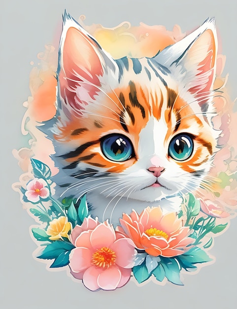 STIKER Una ilustración detallada una impresión de flores de fantasía de cabeza de gatito lindo y vívido Diseño de camiseta