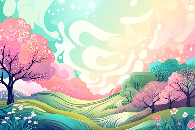 Stilierte Illustration einer lebendigen Frühlingslandschaft mit bunten Bäumen und sanften Hügeln