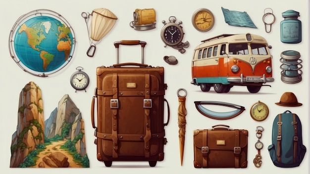 Stilierte Reise-Themenkomposition mit verschiedenen Abenteuergegenständen