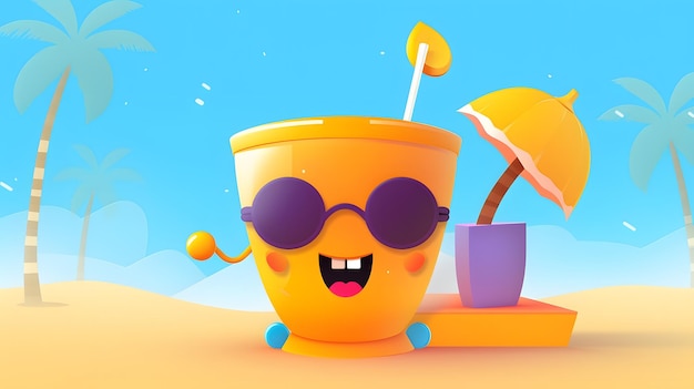 Stilisierte 3D-Darstellung einer gelben Tasse an einem Sandstrand, ein süßes Symbol für Handyspiele und trendige Behance-Kunst