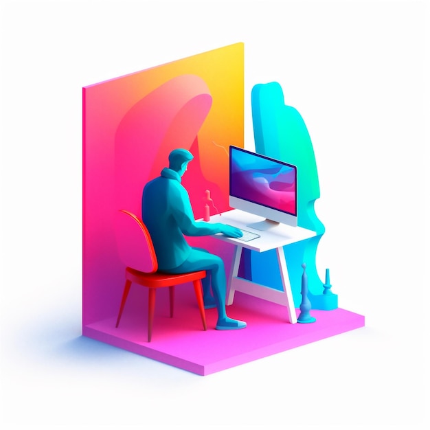 Foto stilisierte 3d-illustration des arbeitsplatzes des designers mit computer im heimbüro, ki generiert