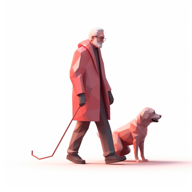 Stilisierte Cartoon-3D-Illustration eines älteren Mannes, der mit einem von der KI generierten Blindenhund läuft