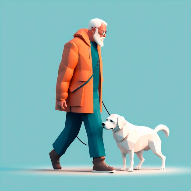 Stilisierte Cartoon-3D-Illustration eines älteren Mannes, der mit einem von der KI generierten Blindenhund läuft