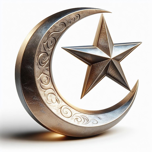 Stilisierter 3D-Halbmond und Stern in metallischen Texturen auf weißem Hintergrund