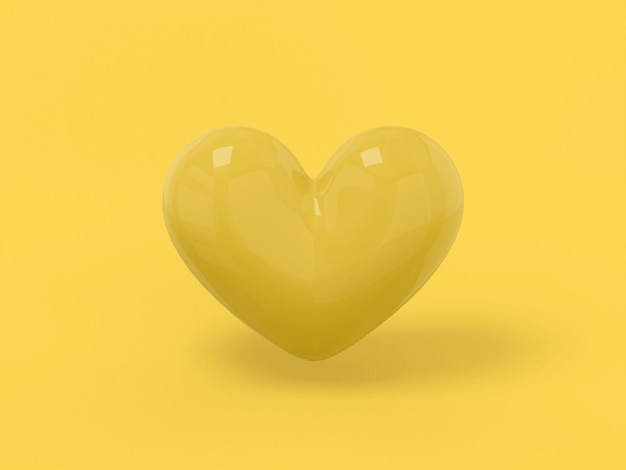 Stilisiertes gelbes monofarbherz auf einem gelben soliden hintergrund. minimalistisches designobjekt. 3d-rendering ui ux schnittstellenelement symbol.