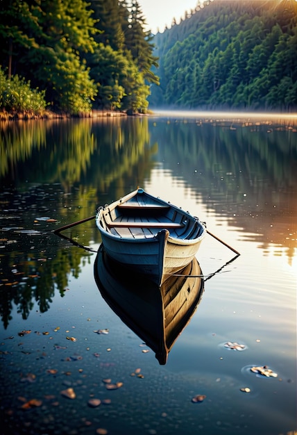 Stille Nebel verschleiert gläsernde Gewässer, wo ein einsames silbernes Ruderboot in Einsamkeit treibt