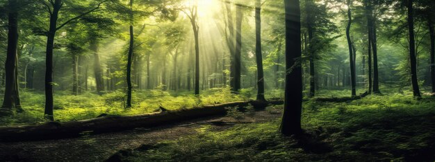 Stiller Wald im Frühling mit wunderschönen hellen Sonnenstrahlen Generative KI