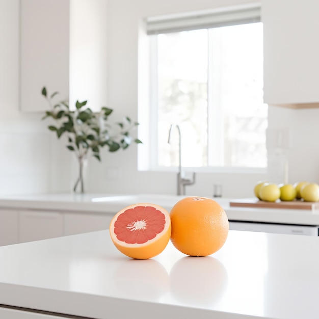 Stillleben einer halbierten und ganzen Blut-Orange auf einer Küchenplatte