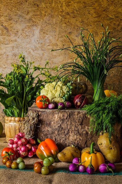 Stillleben Gemüse, Kräuter und Früchte.