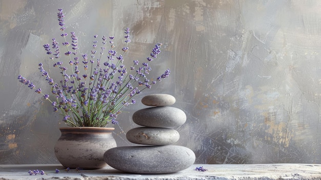 Stillleben im Spa mit einem Stapel Steine und Lavendel