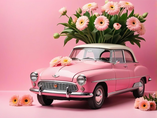 Stillleben-Konzept mit rosa Retro-Auto mit Blumen auf rosa Hintergrund