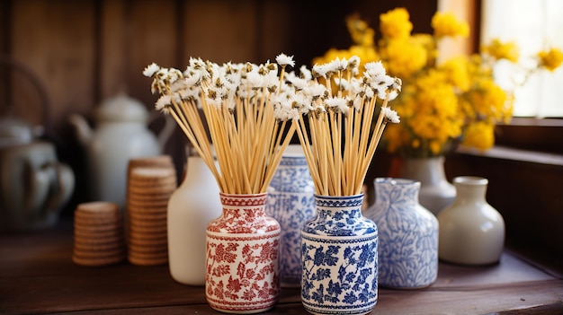 Stillleben mit Blumen auf Holztisch