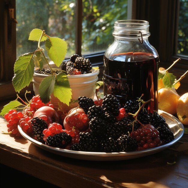 Stillleben mit Brombeeren, einer Vase und frischen Blumen am Fenster