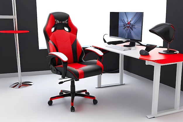 Stillleben mit einem Sitz für Gamer. Schwarz-roter, bequemer Gaming-Stuhl isoliert auf weißem Hintergrund