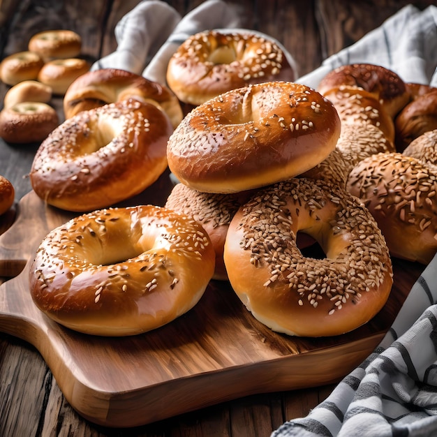 Stillleben mit einem Stapel Bagels auf einem Holzbrett