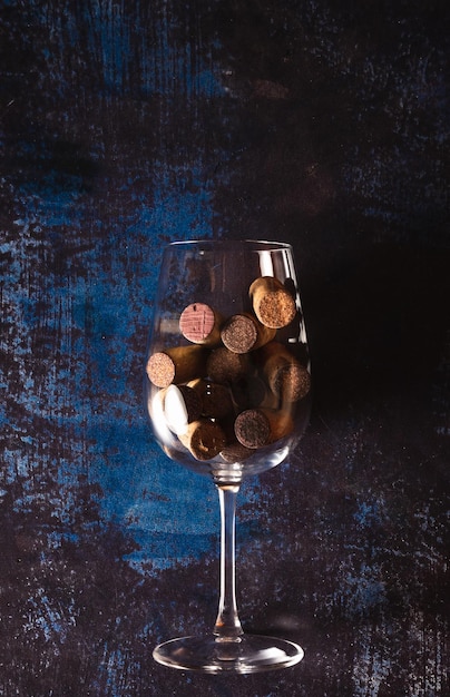 Stillleben mit einem Weinglas voller Korken Konzept für Weinkeller