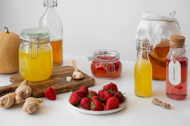 Foto stillleben mit einer kombucha-flasche