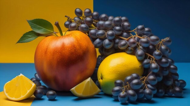 Stillleben mit Früchten auf blauem und gelbem Hintergrund Selektiver Fokus generativ ai