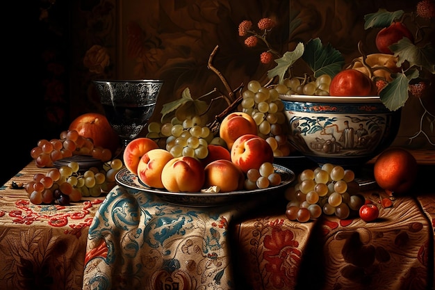 Stillleben mit Früchten in einer Vase auf dem Tisch