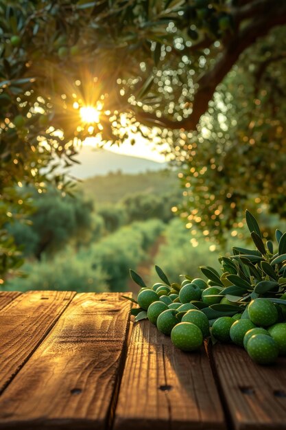 Stillleben mit grünen Oliven auf einem Tisch in einem Olivenhain