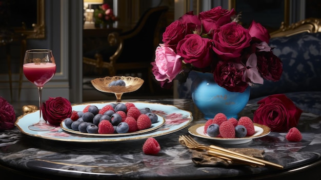 Stillleben mit Himbeeren und Blaubeeren und einem Blumenstrauß auf einem Küchentisch