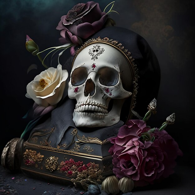 Stillleben mit menschlichem Schädel und Blumen auf dunklem Hintergrund Halloween-Konzept Polster für die Toten