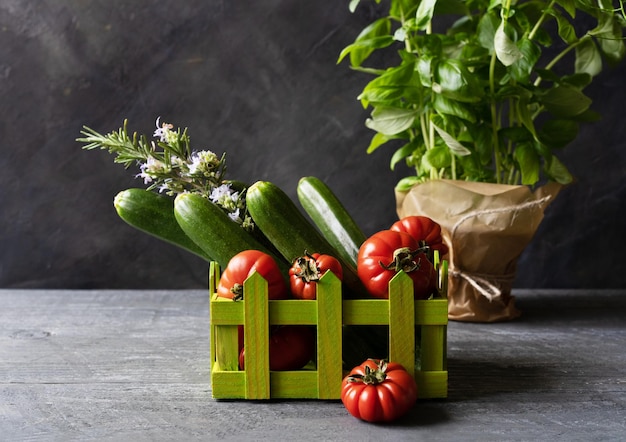 Stillleben mit rohen Bio-Tomaten, Zucchini, Rosmarin und Basilikum auf grauem Hintergrund