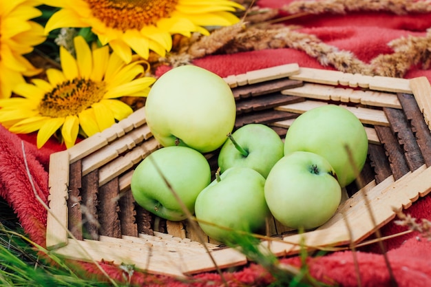 Stillleben mit Sonnenblumen und grünen Äpfeln in einem Korb. Nahaufnahme