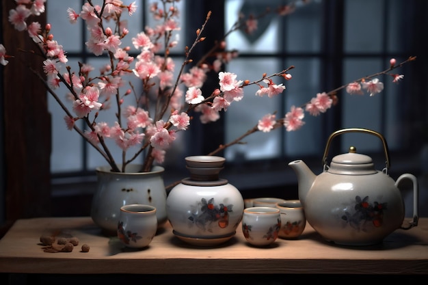 Stillleben mit Teekannentassen und Kirschblütenzweig