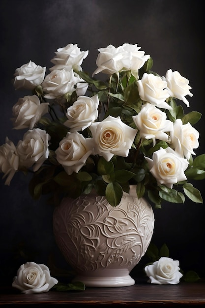 Stillleben mit weißen Rosen in Keramikvase auf dunklem Hintergrund
