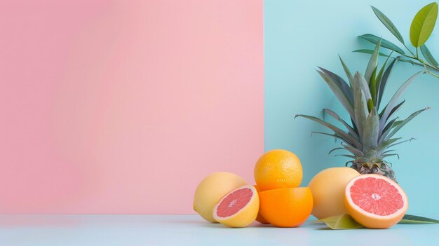 Stillleben von Orangen neben einigen Pflanzen auf blauem und rosa Hintergrund
