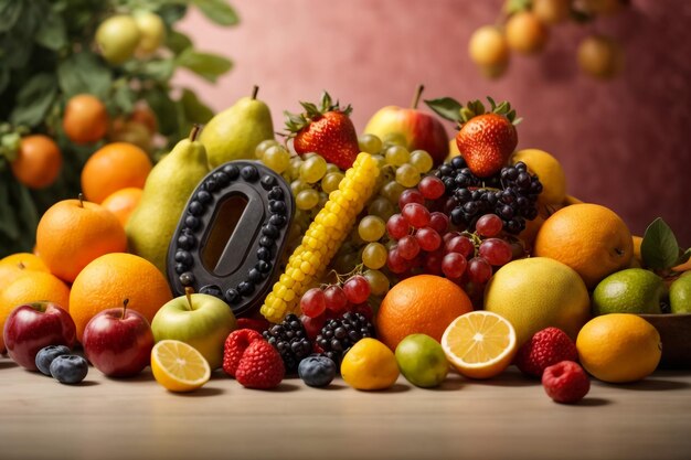 Foto stillleben von saisonalen früchten auf einem holztisch und schwarzem hintergrund