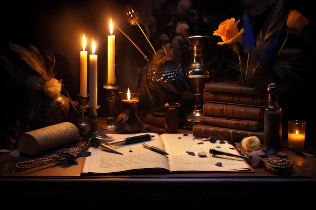 Stilllebenbrief und Stift mit Tinte auf einem Holztisch mit brennenden Kerzen