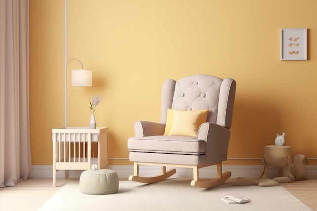 Stillstuhl für das Kinderzimmer im Babybettzimmer in Pastellfarben, professionelle Werbefotografie AI