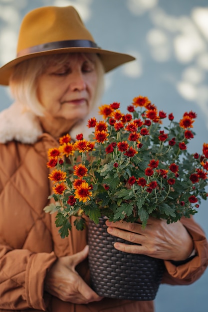 stilvolle ältere Dame mit Blumentopf. älteres Weibchen mit Hut und warmer Jacke mit Topf mit Blumen