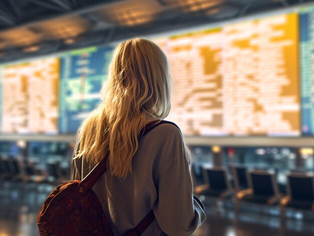 Stilvolle blonde Frau vertieft sich in den Bildschirm am Flughafenterminal Stock Image mit generativer KI