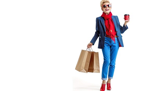 Stilvolle Frau genießt Einkaufen Modische Kleidung Sorgloses städtisches Leben Konzept Moderner Casual-Stil Halten von Taschen und Kaffee KI