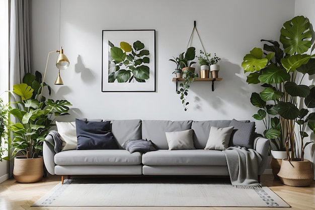 Stilvolle graue Sofa-Zimmerpflanzen und ein Bild hängen an einer hellen Wand im Wohnzimmer