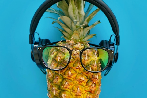 Stilvolle Hipster-Ananas in Brille und Kopfhörer auf trendigem blauem Papierhintergrund Sommerflachlage Urlaub und Partykonzept Raum für Textreisen und Feiertage