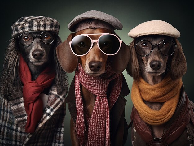 Stilvolle Hunde mit leuchtenden Sonnenbrillen und verspielten Halsbändern in stilvoller Kleidung